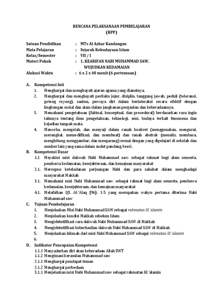 RPP Sejarah Islam Kelas VII: Misi Nabi Muhammad | PDF