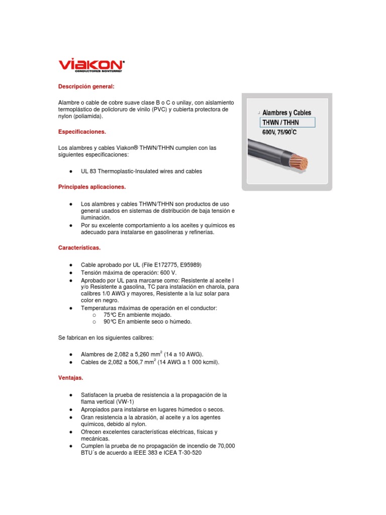 Ficha Técnica Cable Viakon THWLS PDF, 43 OFF