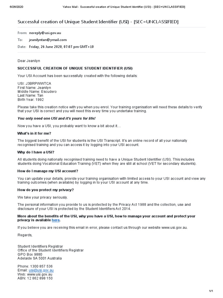 Successful Creation of Unique Student Identifier (USI) - (SEC ...