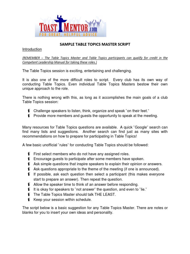 Table Topics Master Script PDF PDF Question Semiotics