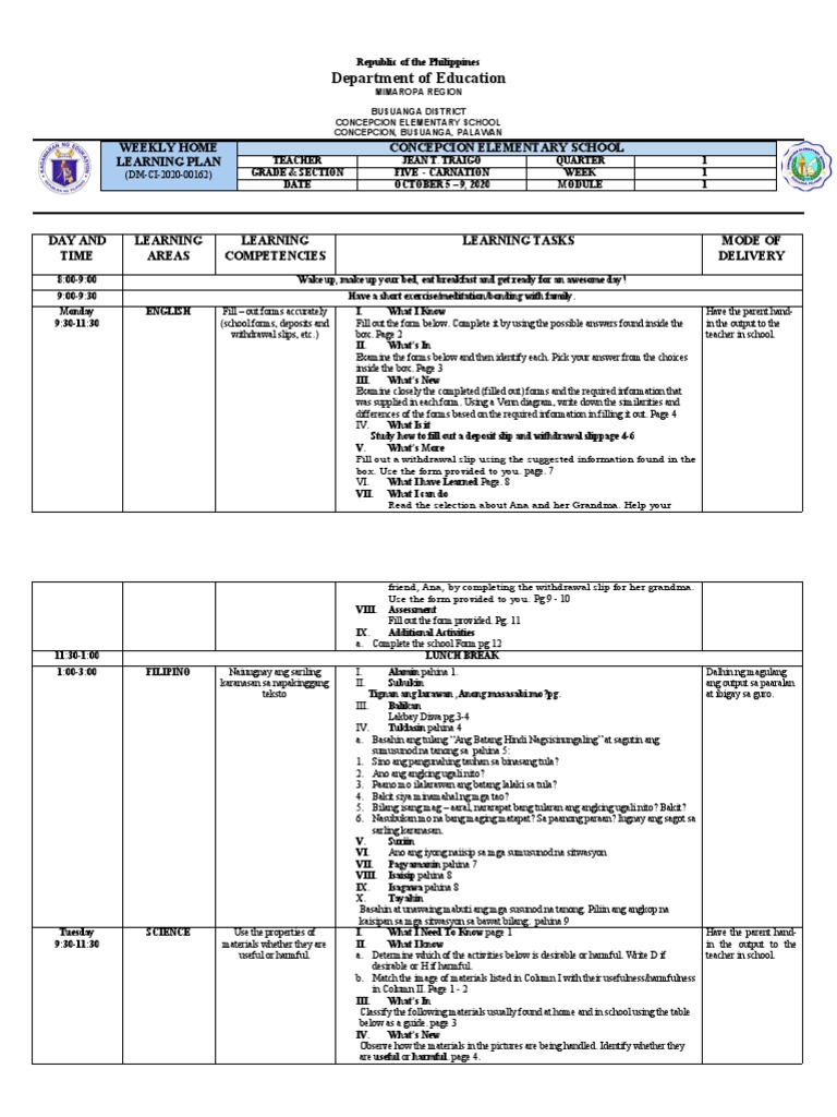 Weekly Home Learning Plans for Grade 5 | PDF