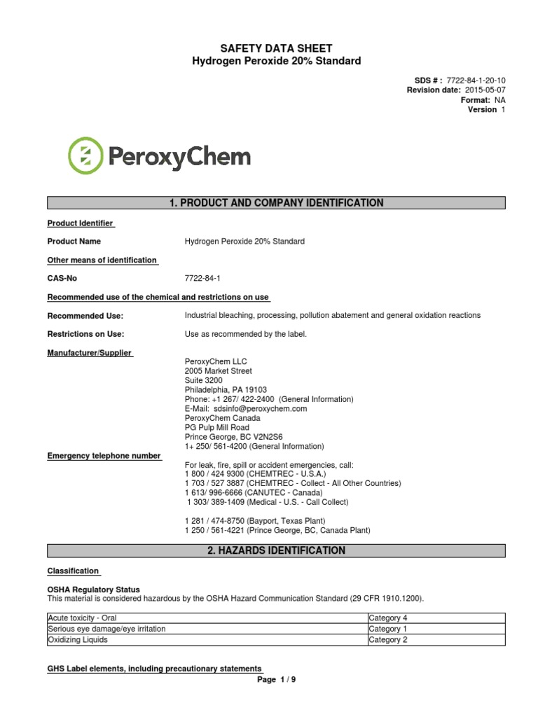 Safety Data Sheet Hydrogen Peroxide 20 Standard 1. Product and Company Identification PDF