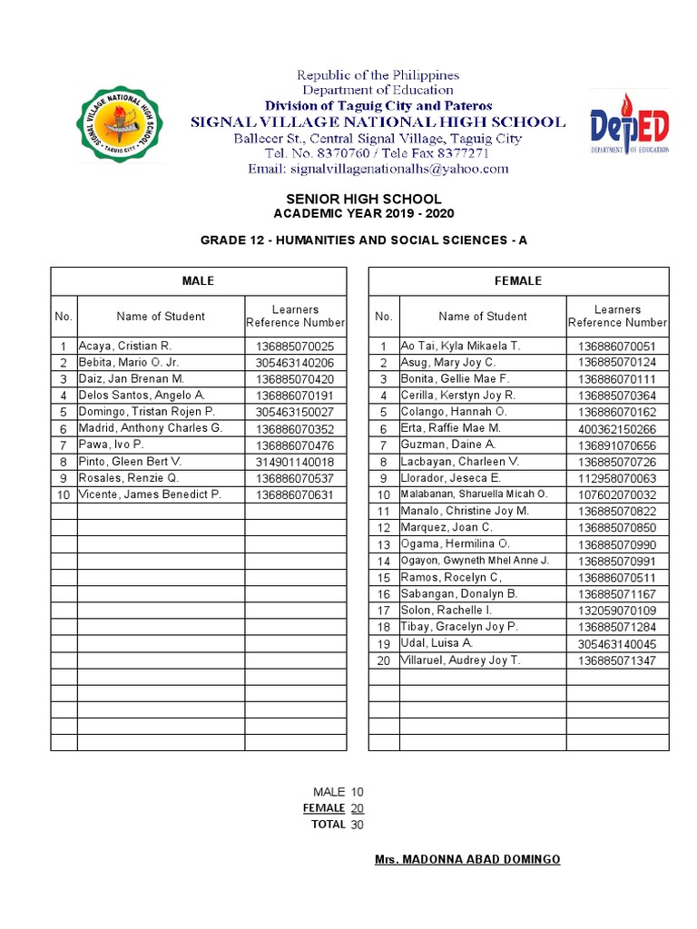 ACADEMIC YEAR 2019 - 2020 Grade 12 - Humanities and Social Sciences - A ...