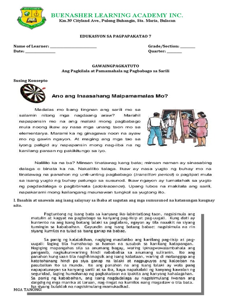 Work Sheet Grade 7 Esp First Activity | PDF