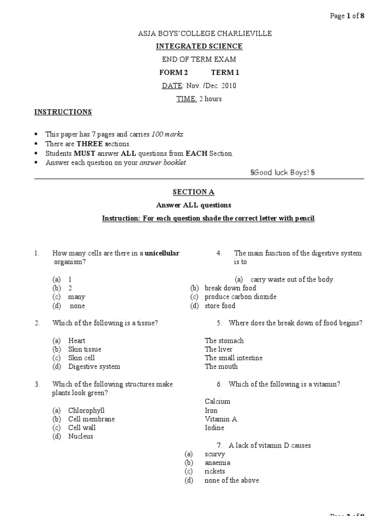Exam Int - Sci F2 T1-2010.11 | PDF | Blood | Breathing