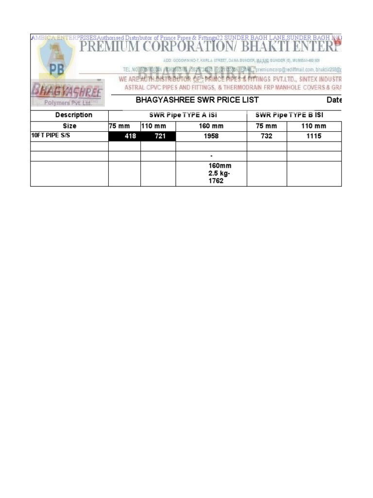 SWR Pipe Price List Comprehensive listing of pipe sizes, types, and