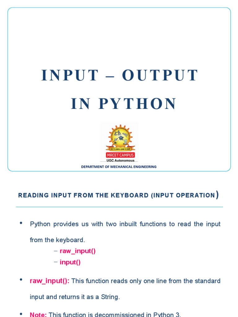 Input - Output in Python: Department of Mechanical Engineering | PDF