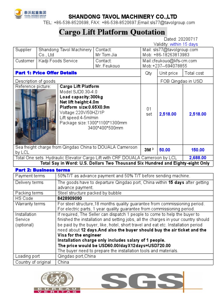 Cargo Lift Quotation for Kadji Foods | PDF | Elevator | Machines