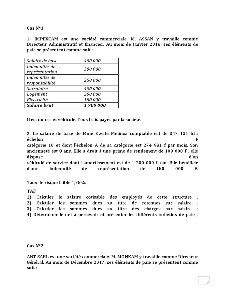 Exercices Et Corrigés Sur La Paie Pdf Gratuit Cas Pratique GESTION DE LA PAIE | PDF | Rémunération des salariés | Salaires