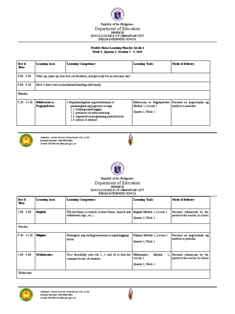 Grade 4 Weekly Learning Plan | PDF | Behavioural Sciences | Psychology