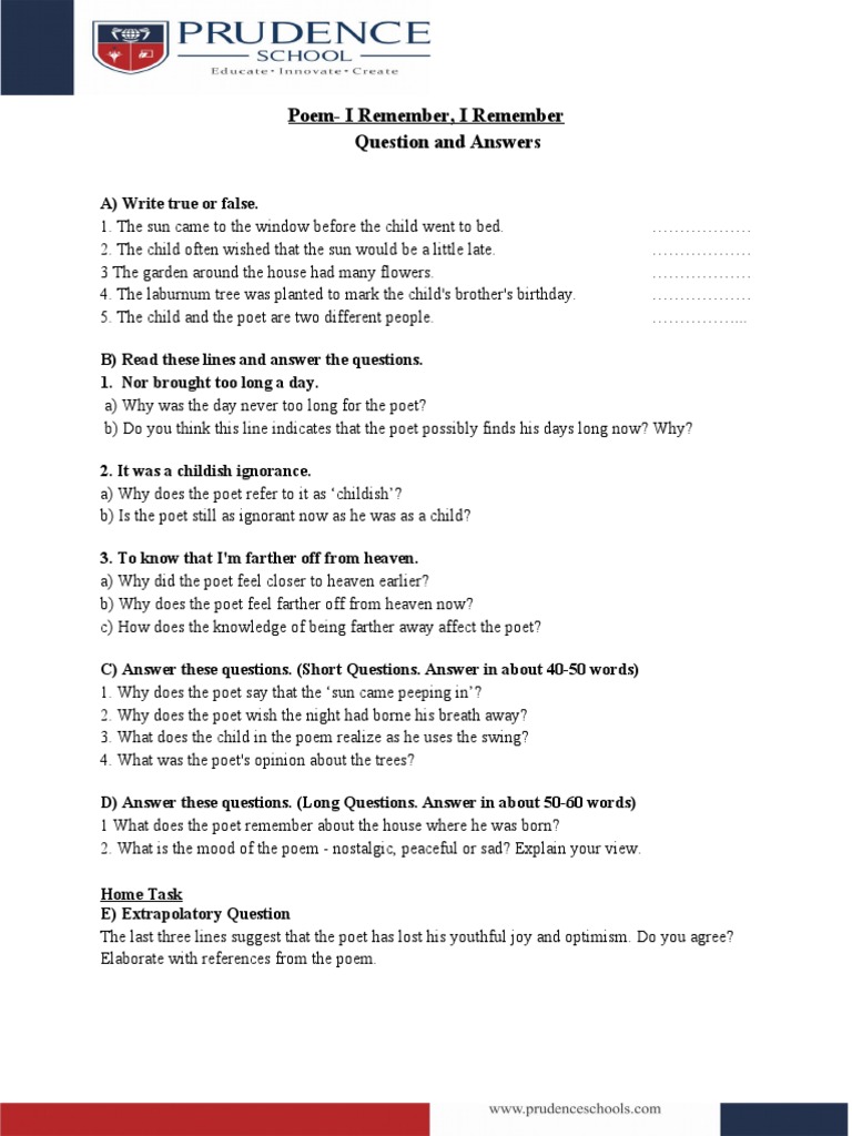 English Worksheet I Remember I Remember