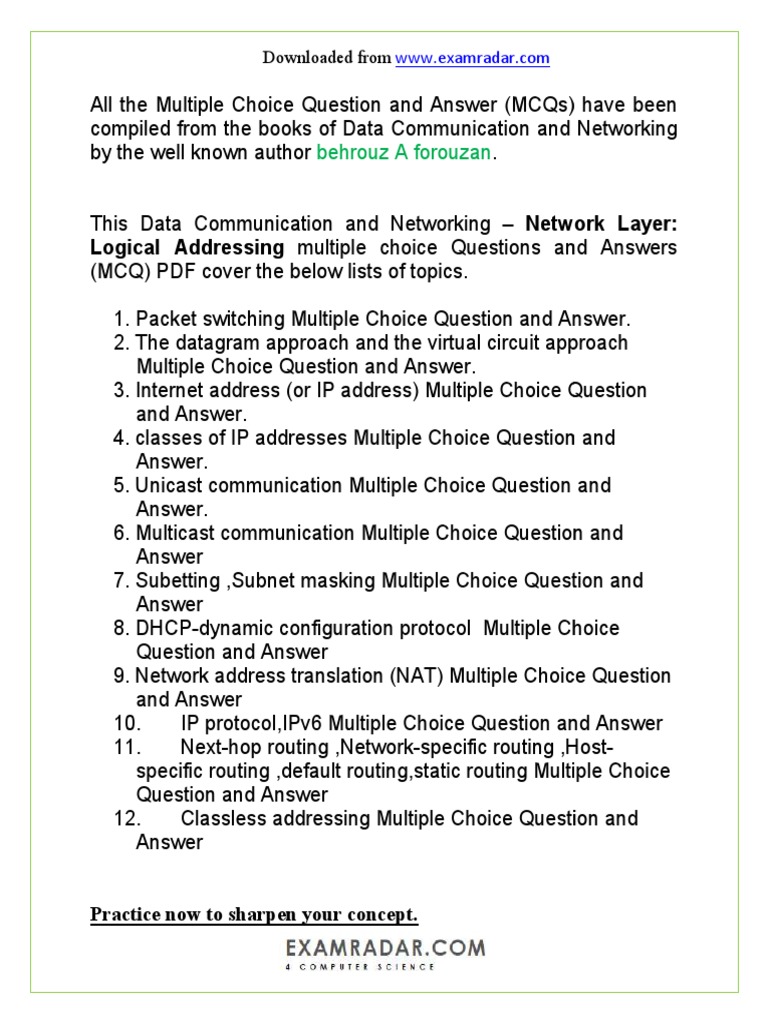 CH 19 Network Layer Logical Addressing Multiple Choice Questions and Answers PDF PDF Ip