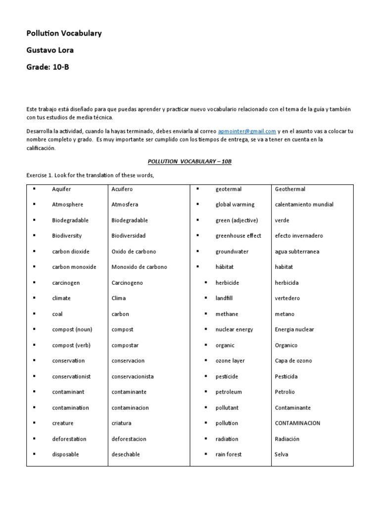 POLLUTION VOCABULARY - 10B Por Gustavo Lora | PDF | Atmosphere Of Earth ...