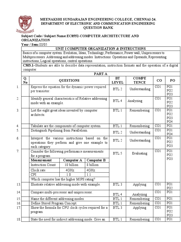 EC8552 Computer Architecture QBank | PDF | Central Processing Unit ...