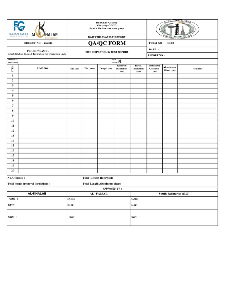 Qa/Qc Form: Shop: Field: Technical Inspection | PDF | Materials ...