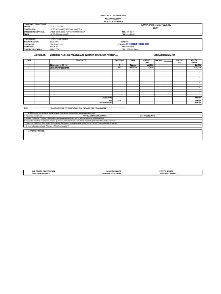 Orden de Compra para Materiales de Hotel | PDF | Factura | Documentos ...