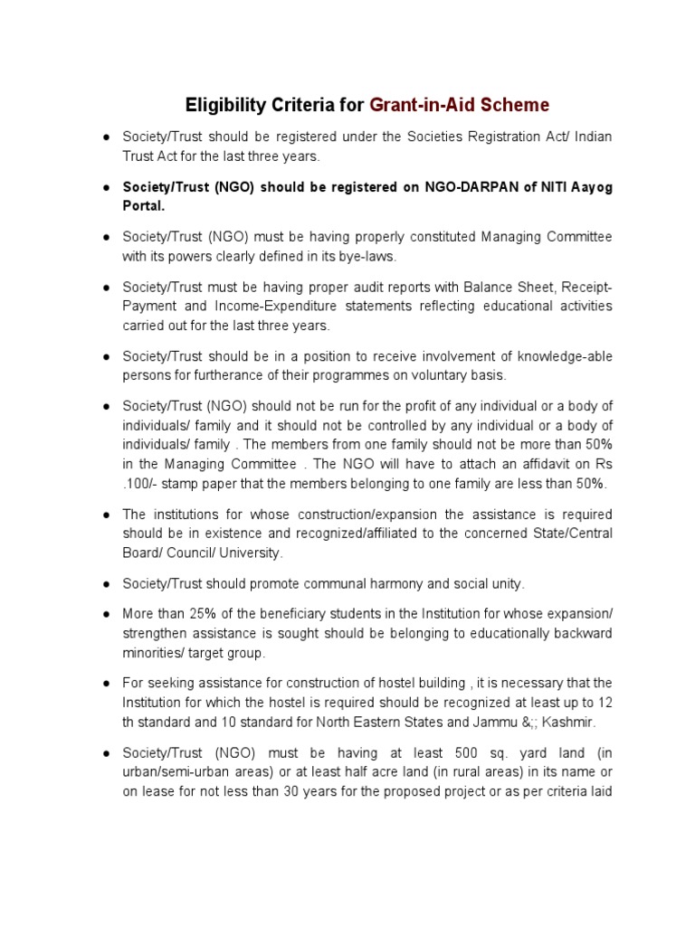 Eligibility Criteria For Grant In Aid Scheme Pdf Non Governmental