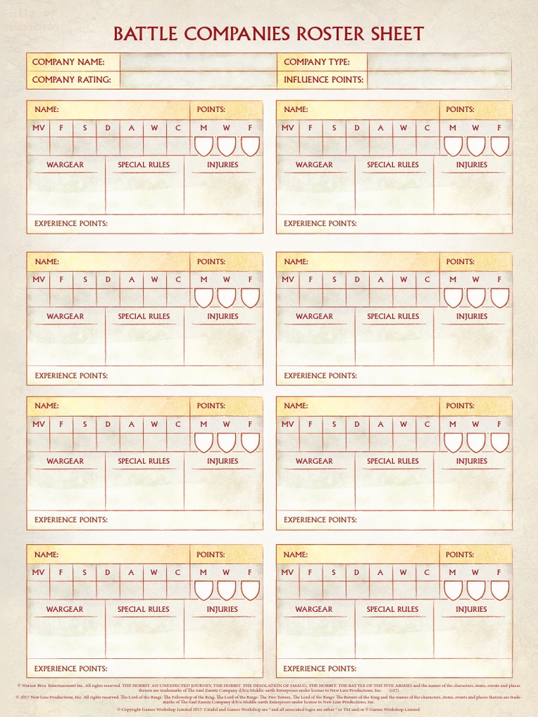 Battle Companies Roster Sheet: Company Name: Company Type: Company ...
