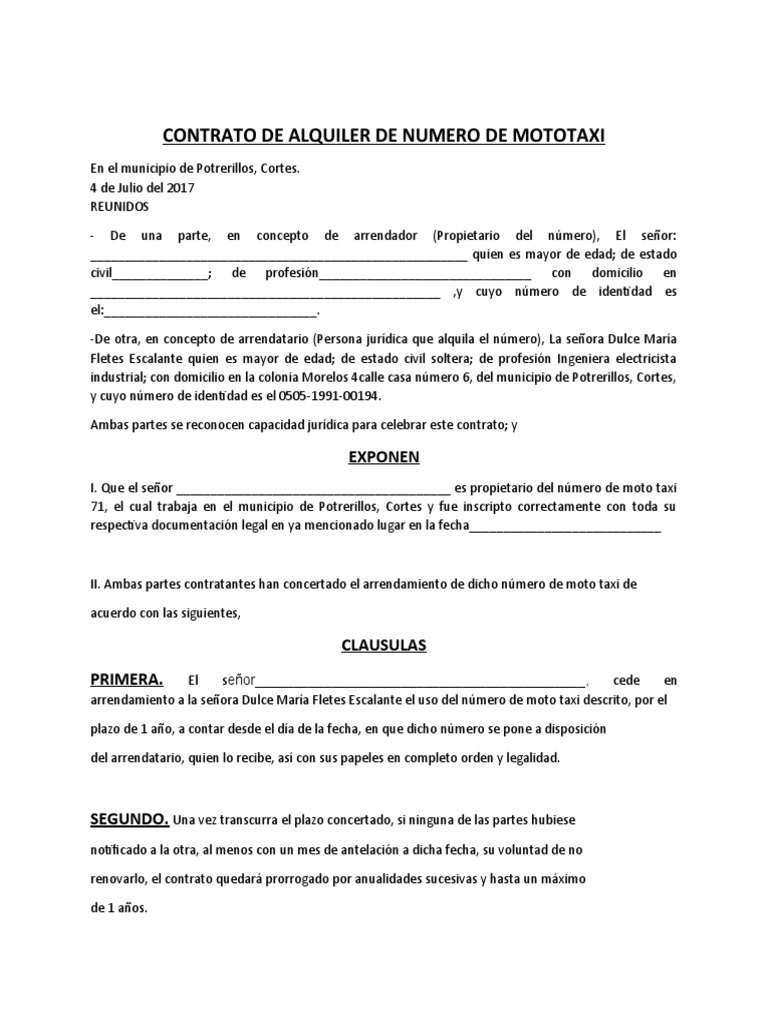 Contrato de Alquiler de Mototaxi | PDF | Alquiler | Justicia