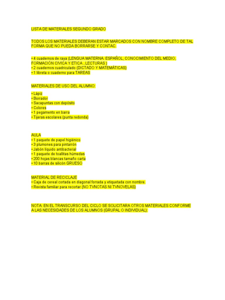 Lista de Materiales Segundo Grado | PDF