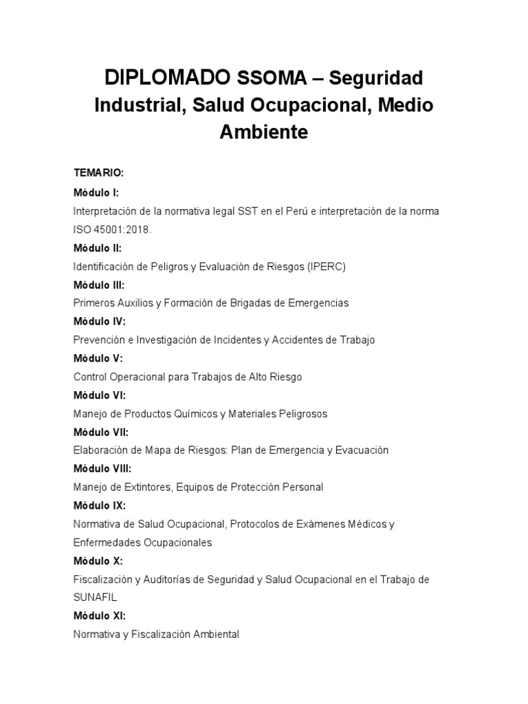 Diplomado en SSOMA: Seguridad y Salud Ocupacional | PDF
