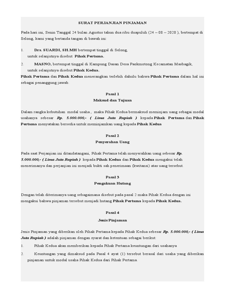 Surat Perjanjian Pinjaman Uang | PDF