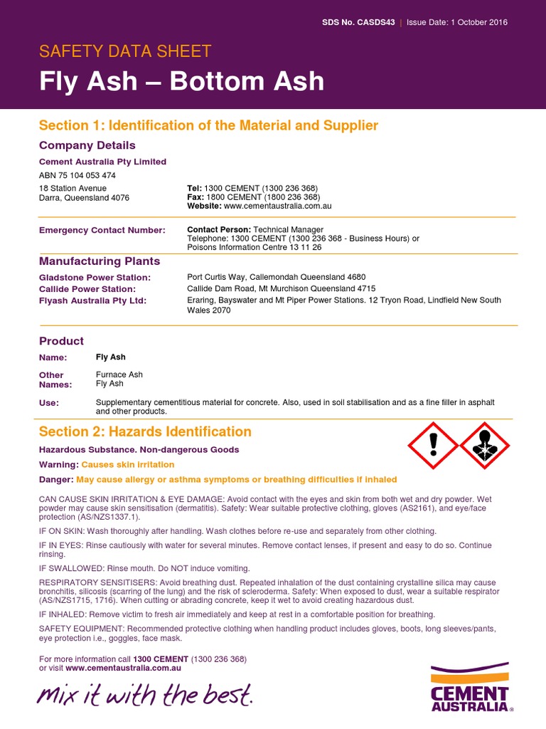 Fly Ash Safety Data Sheet (SDS) | PDF | Silicon Dioxide | Dust