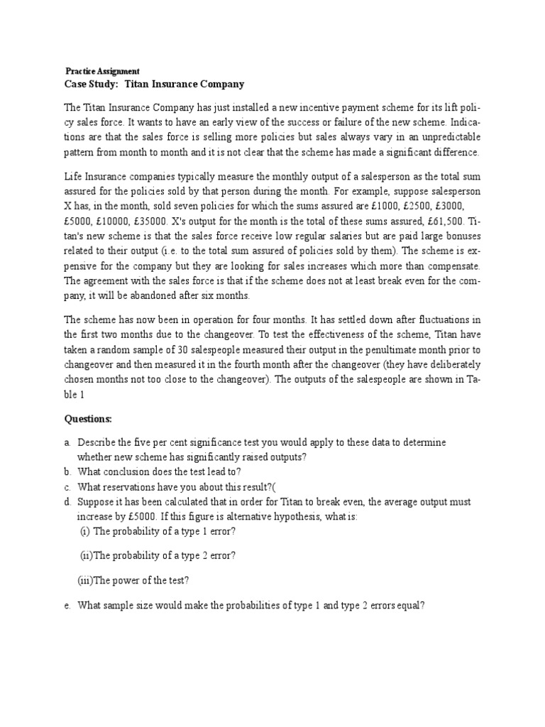 Case Study: Titan Insurance Company: Practice Assignment | PDF | Type I ...