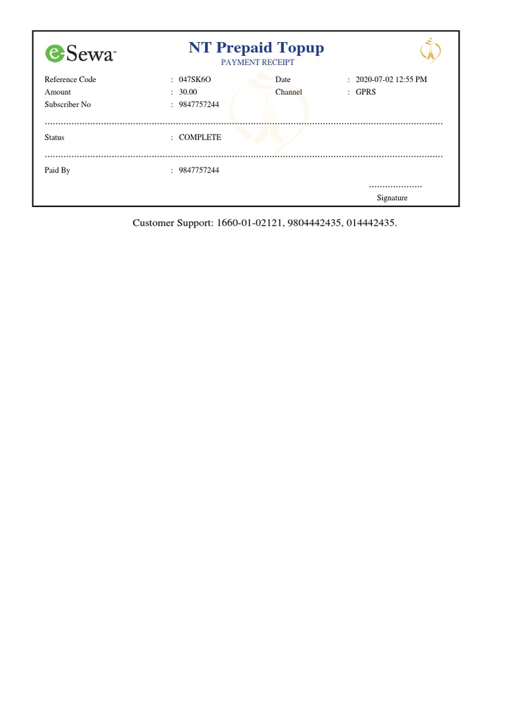 NT Prepaid Topup Payment Receipt | PDF | Business | Finance & Money ...