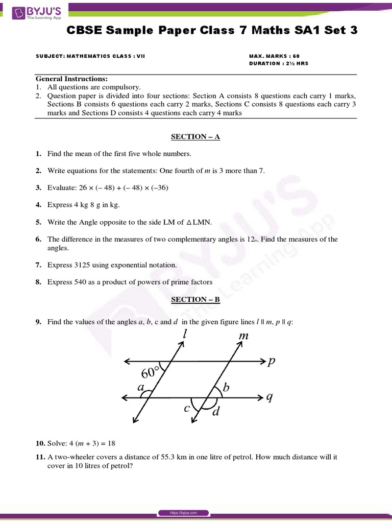 CBSE Sample Paper Class 7 Maths SA1 Set 3 Subject Mathematics Class Vii Max. Marks 60