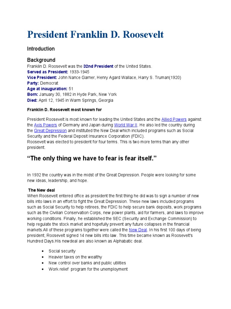 President Franklin D. Roosevelt: Background | PDF | New Deal | Franklin ...