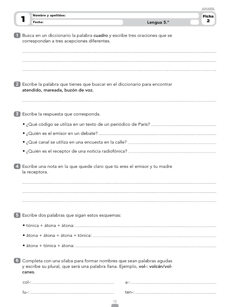 Ejercicios de Lengua 5.º Primaria Anaya | PDF | Numero Gramatical | Verbo