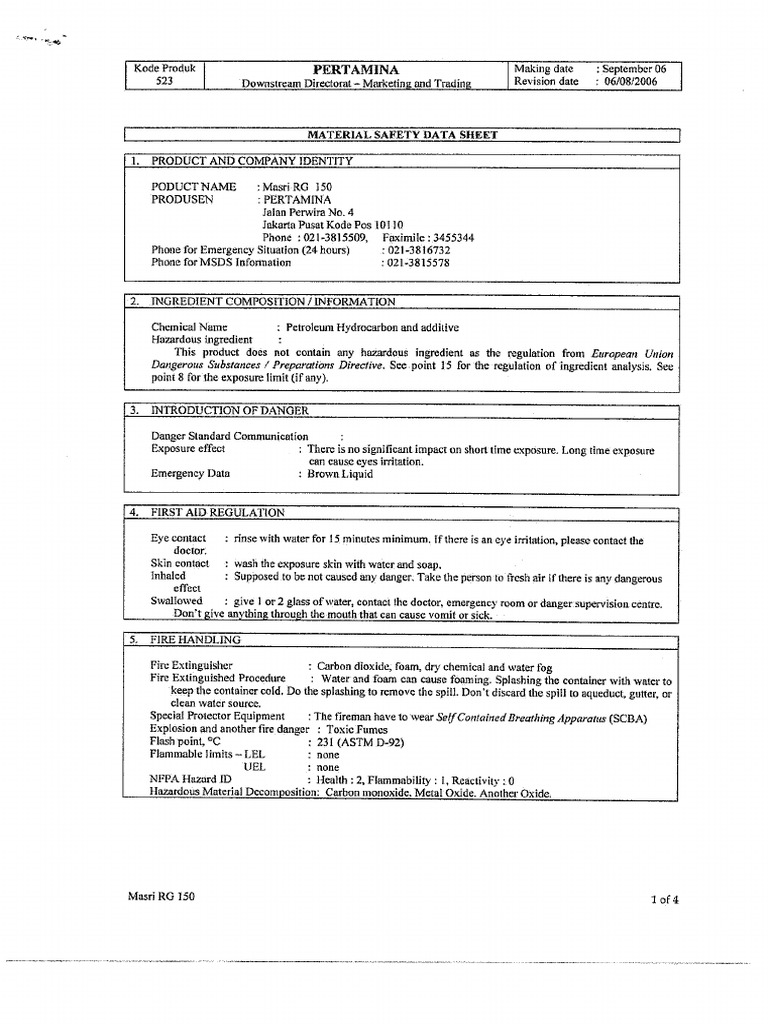 MSDS Masri RG 150 | PDF