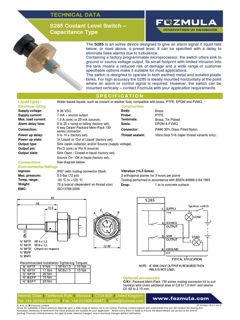 S285 Coolant Level Switch Specifications | PDF | Switch | Electrical ...