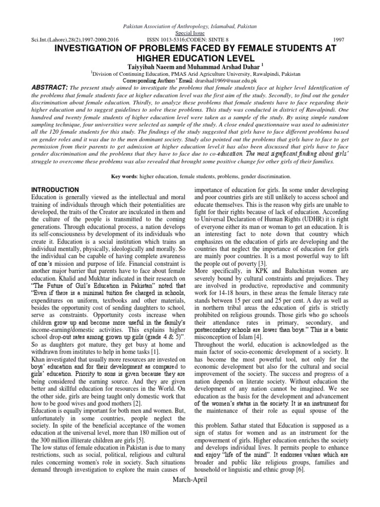 1997-2000 Nvestigation of Problems Faced by Female Students at Higher ...