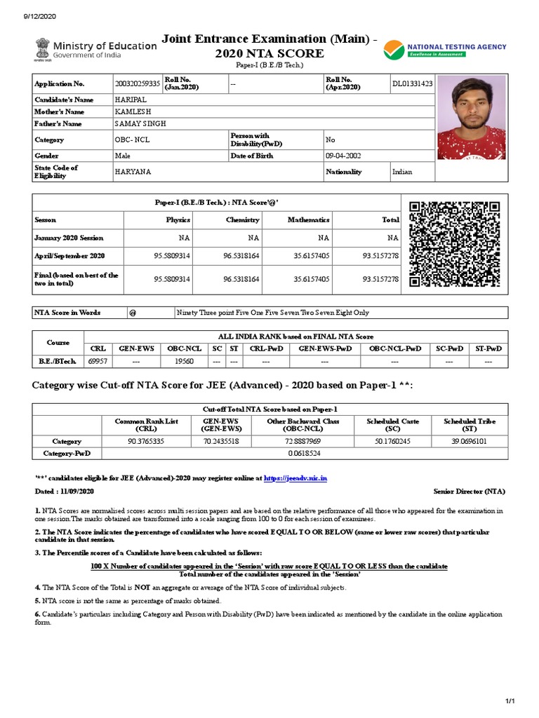 Joint Entrance Examination (Main) 2020 Nta Score PDF Educational