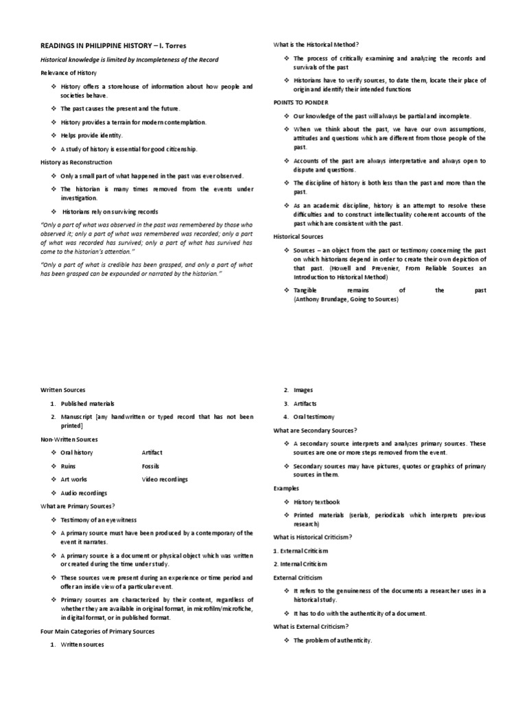 Readings in Philippine History I. Torres Historical Knowledge Is