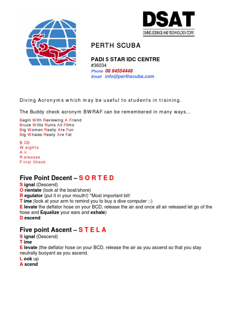 Perth Scuba Diving Acronyms PDF PDF