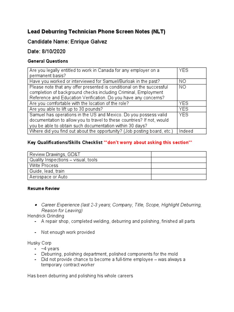 Lead Deburring Tech Interview Notes | PDF | Employment | Business