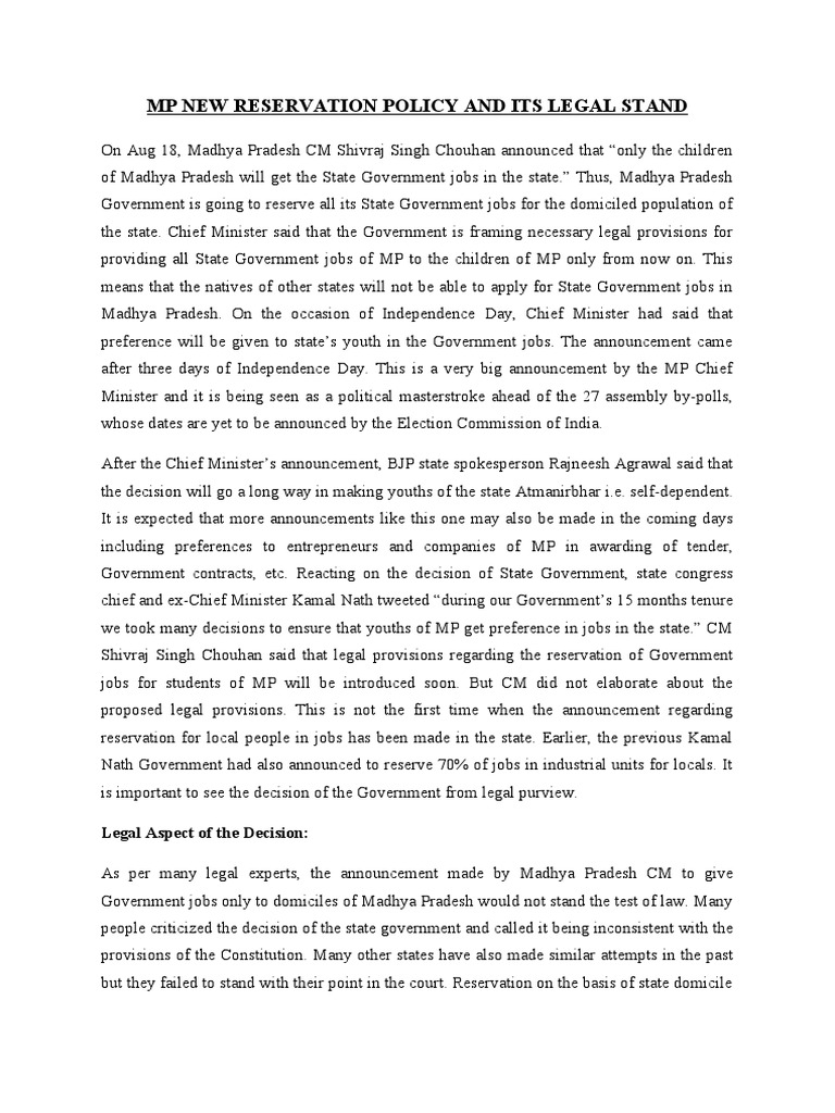 Madhya Pradesh's Job Reservation Policy | PDF | Constitutional Law ...