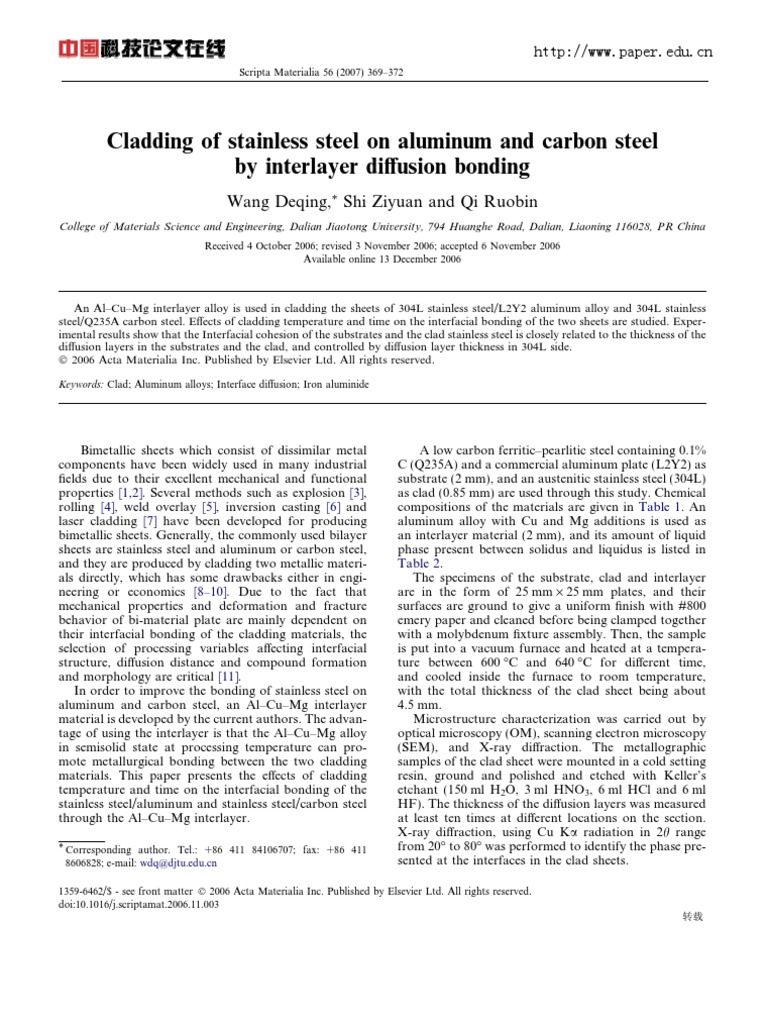 Cladding of Stainless Steel On Aluminum and Carbon Steel by Interlayer ...