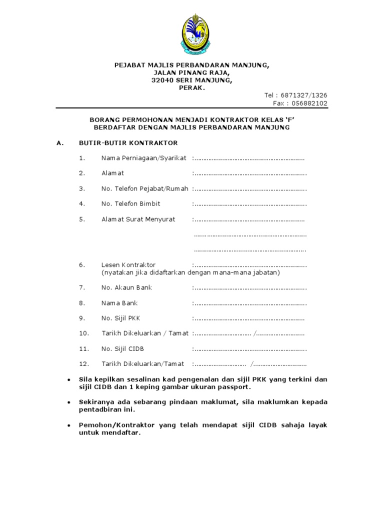 Borang Kontraktor Kelas F Pdf