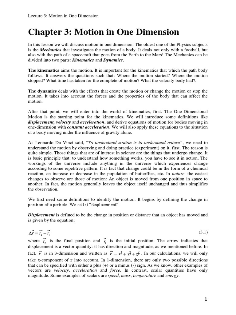 Chapter 3: Motion in One Dimension | PDF | Acceleration | Kinematics