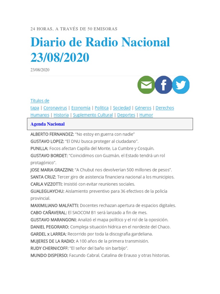 Diario de Radio Nacional Argentina 23082020 PDF Entretenimiento