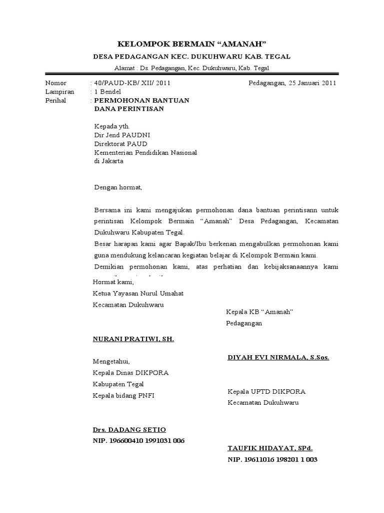 Contoh Surat Permohonan Bantuan Dana Ke Menteri Pendidikan Untuk Perintisan Paud Pdf