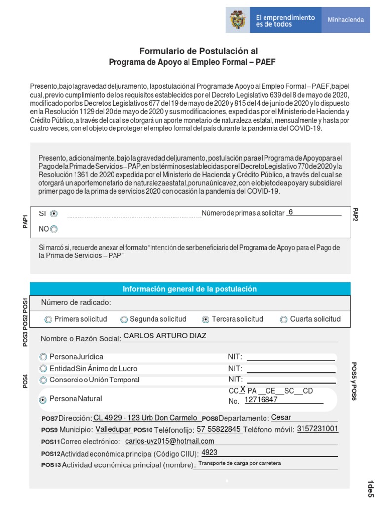 1 Formulario+PAEF-PAP+Bancolombia PDF | PDF | Economias | Business