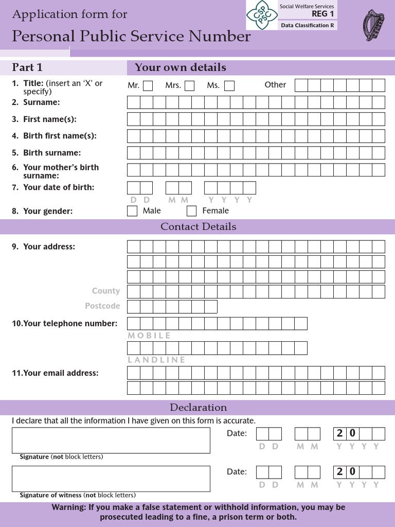 PPS Number Application Form Ireland | PDF | Republic Of Ireland | Pension