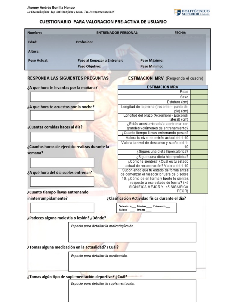 Cuestionario de Valoración Preactiva | PDF | Medicina CLINICA | Medicina