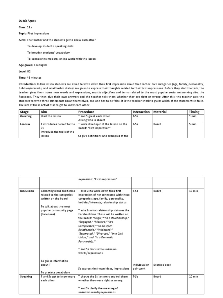 Stage Aim Procedure Interaction Material Timing | PDF | Semiotics ...