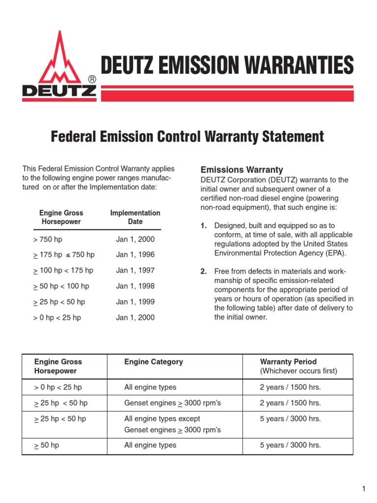 Deutz Emission Warranties Federal Emission Control Warranty Statement